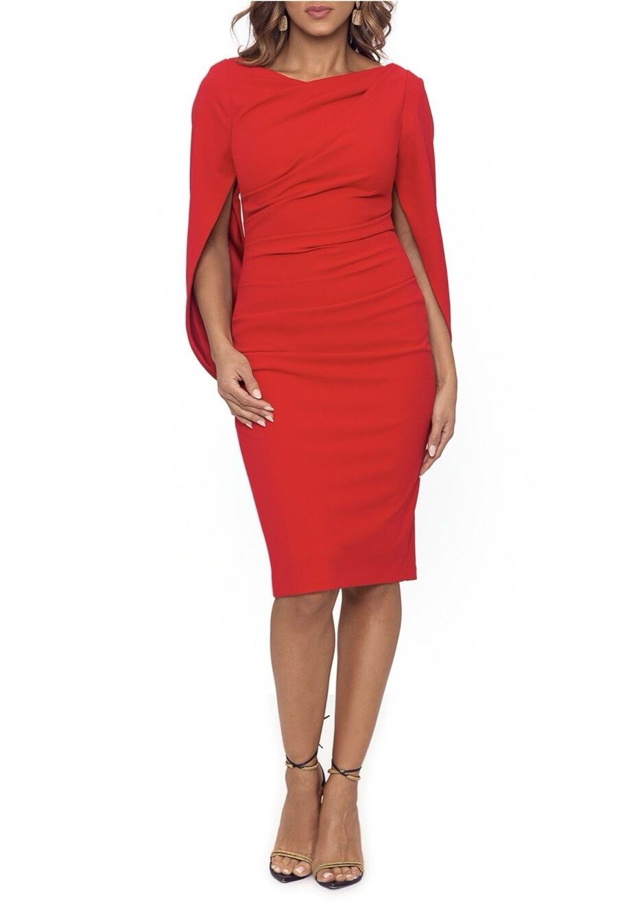 Betsy & Adam Drape-Back Sheath Dress Sz 4 Red Ruched Waist Come Neck USA Made